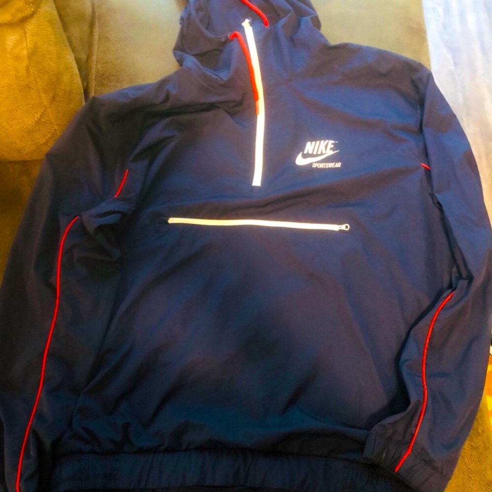 Nike Navy Blue Men’s Pullover Track Jacket with White and red Accents
